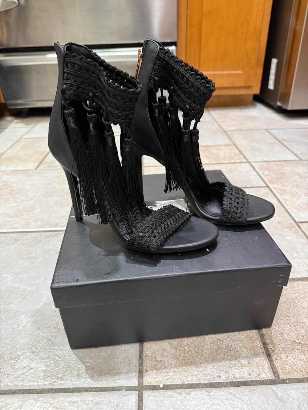 Cape Robbin Black Tassel Fringe High Heel Sandals- size 7.